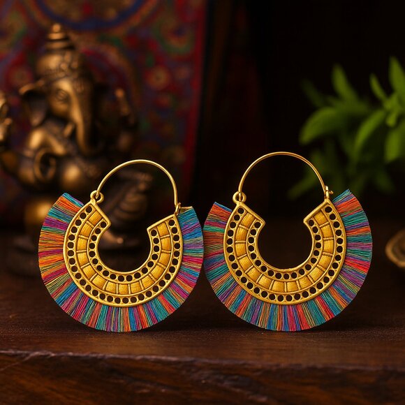 🆕️Boho Chic Rainbow Hoop Earrings Handmade Indian Artisan Statement Jewelry - Picture 1 of 12